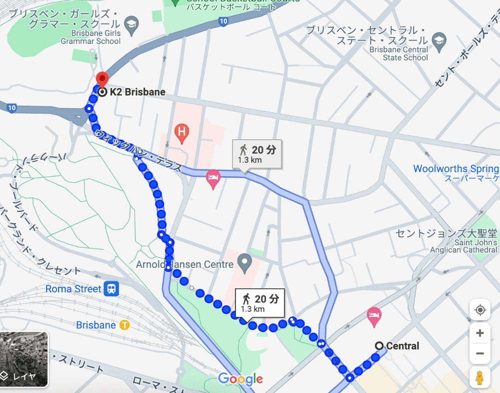 セントラル駅からK2 Brisbaneまでの道のり